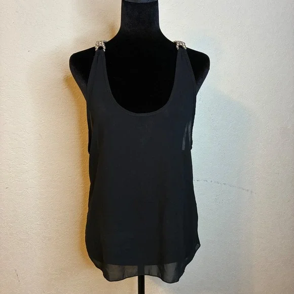 Roommates Black Beaded Tank Top Chain Strap Medium Sheer Racerback Mob Wife Goth - Picture 2 of 7